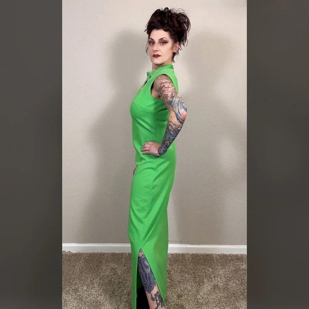60s Bright Green Maxi Sheath Column Dress Rhinestone MCM Mod Rockabilly Pinup M - Picture 5 of 15